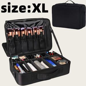 TEMU 블랙 화장품 수납 가방, 출장 및 여행에 적합, 넉넉한 디자인과 조절 가능한 칸막이가 있는 이중 레이어 메이크업 정리함