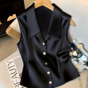 TEMU 여성 프렌치 스타일 V넥 민소매 새틴 조끼, 가을/겨울용, 우아하고 캐주얼