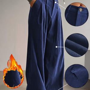 TEMU 2025 신상 가을/겨울 캐주얼 우아한 두꺼운 고중량 코듀로이 하이웨이스트 와이드 레그 팬츠 여성용, 봄/가을/겨울 외출 필수, 데일리 캐주얼, 데이트, 휴가, 해변, 출퇴근, 추위 방지용 - 블루