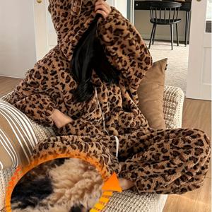 TEMU 여성용 긴팔 프린트 지퍼업 루즈핏 후드 점프수트, 가을/겨울 라운지웨어