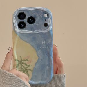 TEMU 1 오션 비치 코코넛 트리 패턴 3D 웨이브 폰 케이스, 다기능 충격 방지 경량 TPU 카메라 커버, 아이폰 17 16 PRO MAX/11/12/13 PRO MAX/14 PRO MAX/15~3D 웨이브 소재 - 앤틱 화이트 - 바다의 한 구석 730MO