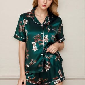 TEMU 여성용 우아한 플로럴 파자마 세트, 다크 그린 민소매 반바지 및 상의, 라펠 칼라, 버튼 플래킷, 봄 여름 성인용 투피스, 부드럽고 편안함, 일상복으로 이상적, 피부 친화적, 스타일