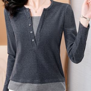 TEMU 투피스 디자인 버튼 V넥 긴팔 상의, 여성용 기질 다재다능 베이스 셔츠, 여성 상의