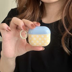 TEMU 플로럴 디자인의 노란색 배경과 파란색 커버 + Apple Airpods Pro 2, Airpods Pro, Airpods 4, Airpods 3, Airpods 2 케이스에 적합한 원형 링 이어폰 케이스, 스타일리시 여성용 이어폰 케이스, 이어폰 케이스