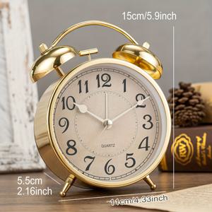 TEMU 5.9인치 메탈 레트로 럭셔리 스타일 침실 알람 시계, 저소음 작동 시간, 기계식 더블 벨 디자인, 야간 조명 장착, 거실, 사무실 또는 기숙사에 놓아 공간에 색감을 더할 수 있습니다. (배터리 미포함)