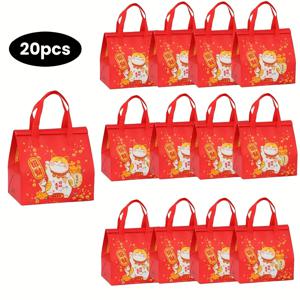 TEMU 20개 비즈니스 케이터링 두꺼운 알루미늄 호일 보온 가방, 테이크아웃 포장 가방, 행운의 고양이 디자인 자동 밀봉 가방, 빨간 선물 가방, 식품 직접 접촉 불가