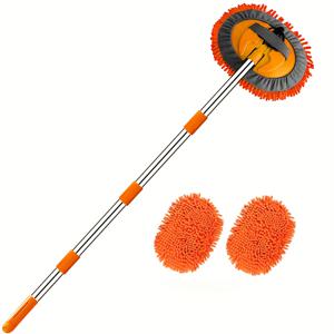 TEMU 62인치 차량 청소 장갑 (긴 손잡이 포함), 3-in-1 쉐닐 극세사 브러쉬 확장, 스크래치 제거 도구, 2개의 걸레 헤드, 1개의 건식 스퀴지 스펀지 (배터리 없음)