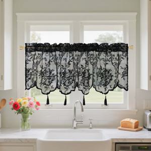 TEMU 1개 레이스 커튼, 창문에 적합, 짧은 카페 커튼, 작은 창문용 길이 45.72 Cm, 빈티지 플로럴 레이스 디자인의 투명한 원단, 주방용 (화이트 및 블랙 색상)