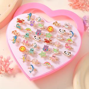 TEMU 오션 월드 시리즈 36개 선물 상자/36개 대량/12개 대량 십대 반지 조합 오션 동물 모양 아연 합금 주얼리 패셔너블하고 귀여운 축제 매칭 데일리 웨어 오션 파크 기념품 선물, 십대용