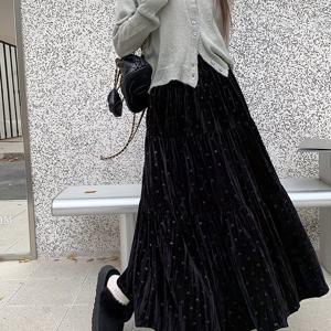 TEMU 러브 벨벳 스커트 하이웨스트 플리츠 케이크 스커트 라지 스윙 스커트 여성용