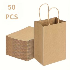 TEMU 50개입 우아한 브라운 크라프트 종이 선물 가방, 튼튼한 손잡이 포함 - 15x8x21cm 내구성 좋은 소매 쇼핑백, 발렌타인데이, 식료품, 테이크아웃, 식료품 가방, 테이크아웃 포장, 클래식 디자인, 튼튼한 구조, 재사용 가능한 가방, 재사용 가능한 포장
