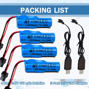 TEMU HO 3.7V 500mAh 리튬 이온 배터리 (SM-2P 플러그 포함), E35, DE38, DE40, DE50, DE55, TB202, TM141 RC 리모컨 자동차 및 양면 스턴트 차량과 호환, 14500 시리즈 배터리