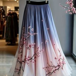 TEMU 프렌치 스타일 그라데이션 프린트 드레스, 흘러내리는 우아한 긴 A라인 스커트와 레이어드 튤 밑단, 정장 및 세미 정장 저녁 만찬, 결혼식, 손님 파티, 가운용으로 적합. 사계절 내내 착용 가능