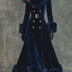 TEMU 여성용 우아한 빈티지 네이비 블루 따뜻한 코트 | 더블 브레스티드 롱 코트, 플러시 칼라, 허리 강조 핏