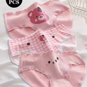 TEMU 여성용 속옷 3개 세트, 귀여운 만화 곰돌이, 소녀스타일, 핑크색, 플러스 사이즈, 부드럽고 통기성 좋은 팬티