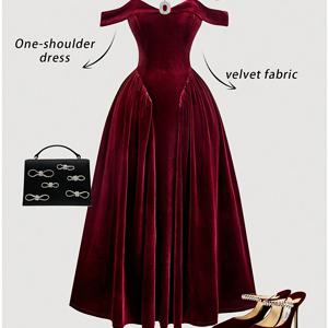 TEMU 우아하고 정교한 여성용 오프숄더 버건디 벨벳 몸에 꼭 맞는 허리 슬림핏 플리츠 A라인 발렌타인데이 와인 파티 패션 롱 가운 드레스
