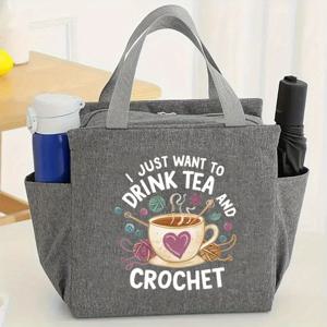 TEMU 코바늘 뜨개질 및 차사랑 토트백 - 대용량 털실 공예 핸드백 (털실 및 코바늘 포켓 포함), 지퍼 잠금, 세탁기 사용 가능 (회색/분홍색/빨간색/파란색/검은색) - 코바늘 뜨개질 애호가를 위한 선물