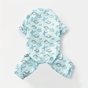 TEMU 매력적인 만화 패턴 강아지 원피스 - 포근한 애완 동물 의류, 사랑스러운 파란색 공룡 테마 강아지 옷, 강아지 잠옷, 모든 크기의 고양이와 강아지에게 이상적, 가을, 겨울, 봄 시즌에 적합