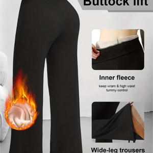 TEMU 여름 여성용 따뜻한 와이드 레그 팬츠 한 쌍 * 스타일리시한 두꺼운 블랙 하이웨이스트 캐주얼 트라우저 * 탄성 허리 레그 신축성 좋은 루즈핏 롱 팬츠 * 가을 및 겨울 의류 * 포멀 롱 팬츠 * 신부 어머니에게 적합 * 엘레강스