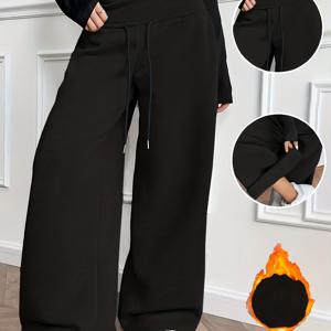 TEMU 가을 겨울 솔리드 컬러 안감 와이드 레그 팬츠, 따뜻하고 편안한 여성용 긴 바지, 여성용 신축성 드로스트링 루즈 팬츠