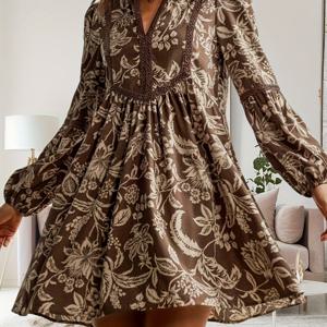 TEMU 레이스 V넥 캐주얼 롱슬리브 브라운 드레스, 스타일 이스터 비치 아웃핏, 하와이안, 트로피컬 휴가, 크리스마스, 추수감사절, 새해 파티 등에 적합