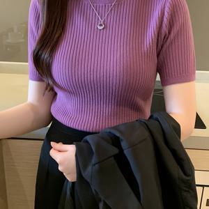 TEMU 우아한 여성 스웨터 | 스키니핏, 크루넥, 반팔, 단색, 약간의 스트레치 원단, 가을/겨울에 적합