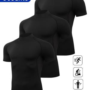TEMU JIIHOO 남성용 컴프레션 티셔츠 3pcs 하이넥 퀵드라이 통기성 타이트핏 반팔 셔츠, 고탄력 소재, 헬스, 트레이닝, 농구, 러닝용 - 솔리드 컬러 운동복 (사계절용)
