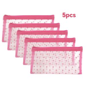 TEMU 하트 프린트 나일론 메이크업 가방, 스위트 큐트 스타일, 립스틱 및 핸드크림 보관용 지퍼 메쉬 파우치, 여행용으로 휴대하기 편한 두 가지 사이즈의 다기능 메이크업 브러쉬 정리함 5개 세트 (여러 색상)