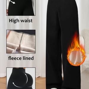 TEMU 여성용 기모 안감 와이드 레그 팬츠 1개 * 겨울용 두꺼운 하이웨이스트 따뜻한 레그 팬츠, 트렌디한 와이드 레그 팬츠 (캐주얼 및 포멀) * 루즈핏, 양면 기모, 신상 레그 팬츠, 여성용 따뜻한 레그 레깅스