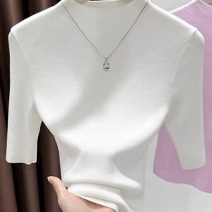 TEMU 여성용 우아한 중국식 스탠드 칼라 반팔 H라인 블라우스 - 슬림핏 풀오버 셔츠, 봄/가을 레이어링용 미디엄 스트레치 솔리드 컬러 탑, 세탁기 사용 가능 H실루엣 (패딩 없음)