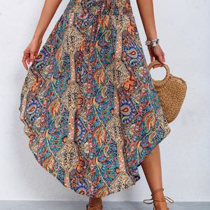 TEMU 새로운 여성 패션 프린트 하이웨이스트 플리츠 캐주얼 스커트, 곡선형 밑단 하프 스커트