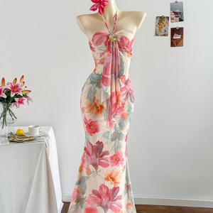 TEMU 우아한 여성 프린트 피쉬테일 드레스, 반도 칼라 및 메탈 버클 | 로맨틱 매듭 디자인, 휴가, 파티, 데이트, 티타임에 적합, 섹시하고 우아함