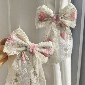 TEMU 2개 세트 레이스 & 하트 자수 리본 창문 커튼 타이백 - 우아한 시스루 또는 불투명 패널, 침실용 커튼 홀더