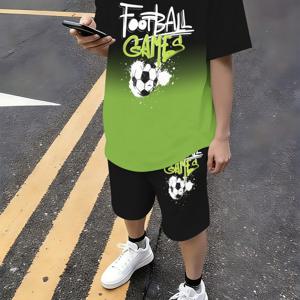 TEMU 2개 세트 남아용 축구 테마 매칭 반바지 & 티셔츠 - 통기성 좋은 운동복, 야외 훈련 및 여름철 착용에 적합 - 청소년 남아를 위한 캐주얼 스포츠웨어 (티셔츠 & 루즈핏 반바지), 야외 활동에 완벽