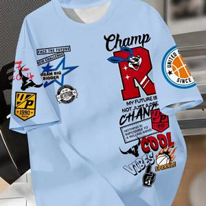 TEMU 남성 패션 그래픽 프린트 티셔츠 - 농구, 별, 슬로건이 있는 'R' 레터 디자인, 캐주얼 라운드넥, 반팔, 여름 스타일, 데일리 티셔츠 | 트렌디 캐주얼 스타일