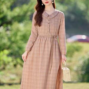 TEMU 여성용 체크무늬 원피스 2025년 봄가을 신상 한국 스타일 인형 칼라 허리마감 품격 있는 문학적인 나이 감추는 스커트