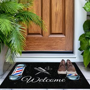 TEMU 제품 [플란넬 + 1cm 두께 스펀지 소재] 재미있는 도어 매트 | 바버샵 사인, 빨강, 파랑, 흰색 줄무늬 기둥, 가위와 웰컴 프린트 도어매트, 침실, 주방, 식당, 욕실 등 다양한 장소에 적합, 미끄럼 방지 및 세탁기 사용 가능, 다기능 플란넬 매트, 부드럽고 편안하며 실용적, 휴일 장식용