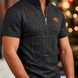 TEMU 남성 패션 탑, 봄/여름 캐주얼 텍스처 랜덤 레터 패턴, 하프 하이넥 지퍼 디자인 패치워크 반팔 헨리 셔츠