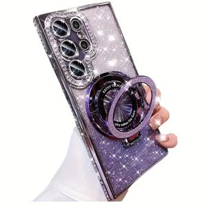 TEMU 폰 케이스: 3종 세트 (폰 케이스 1개 + 글리터 페이퍼 1개 + 폰 스탠드 1개). 럭셔리 패션 플레이티드 라인스톤 스탠드 폰 케이스. S26, S25, S24, S23, S22, S21 울트라/플러스/FE 호환. 그라데이션 카드보드 디자인, 플레이티드 방탄 보호 케이스