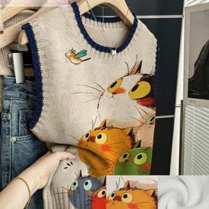 TEMU 여성용 카키색 민소매 조끼, 멀티피스 만화 고양이와 새 프린트, 캐주얼 레저 레이어링 다용도 탑