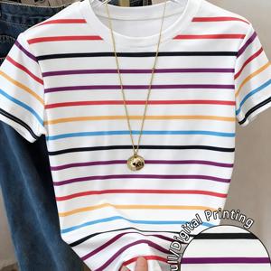 TEMU 여성용 여름 캐주얼 컬러풀 프린트 라운드 넥 반팔 티셔츠