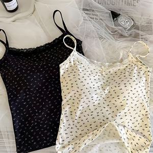 TEMU 투피스 십대 순수한 욕망 레이스 패치워크 플로럴 아름다운 뒷면 멜빵 조끼, 내장형 가슴 패드, 슬림하고 얇음, 집게 스타일로 통기성 좋음, 캐주얼하고 편안함, 기질 다재다능, 십대용, 십대용