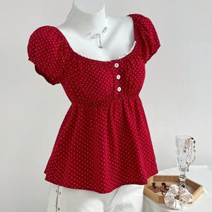 TEMU 여성용 우아하고 편안한 스퀘어넥 물방울 무늬 반팔 셔츠, 레이스 트리밍 칼라 디자인, 캐주얼 출퇴근복