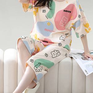 TEMU 새로운 여성용 카툰 프린트 | 컬러 블록 | 플로럴 | 브로치 프린트, 카프리 팬츠와 함께. 봄/여름 여성용 파자마 세트