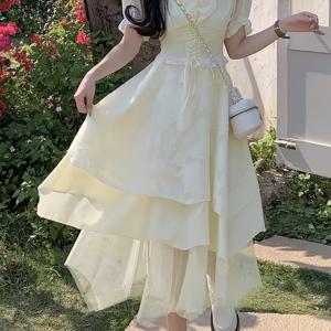 TEMU 여름 프렌치 스타일 살구색 원피스, 첫사랑 순수함 패치워크 시폰 스커트, 케이크 퍼프 스커트, 허리끈 매듭 비대칭 러플 공주 요정 드레스