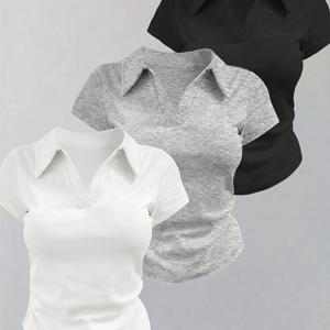 TEMU 3Pcs 세트 봄/여름 여성용 반팔 티셔츠 상의 - 단색 폴로 칼라 슬림핏 캐주얼 패션 베이스 셔츠, 탄성 있는 원단, 세탁기 사용 가능, 사계절용 다용도 기본 티셔츠, 캐주얼 웨어 및 레이어링에 적합