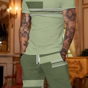 TEMU 트렌디한 남성 세트: 반팔 티셔츠 + 캐주얼 반바지 투피스 아웃핏, 슬림핏 여름 패션 남성 투피스 세트