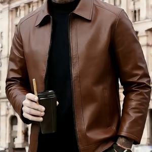 TEMU 남성용 PU 가죽 재킷, 캐주얼 라펠 지퍼업 코트, 부드럽고 매끄러운 소재, 봄/가을 패션 스타일 아우터웨어, 가벼운 방풍 데일리웨어, 데이트/스트리트웨어/파티 행사에 적합, 스티칭 공예, 남성 발렌타인데이 선물