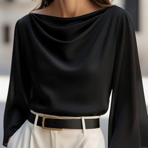 TEMU 신상 봄/여름 여성용 우아한 블랙 플레어 소매 시폰 블라우스, 패셔너블하고 우아함, 심플하고 넉넉함, 사무실용 또는 캐주얼웨어용, 사계절 의류 YTD