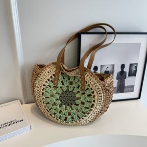 TEMU 2026년 종료된 원형 인조 라탄 토트백 | 여성용 스타일 숄더백, 손으로 짠 종이 공예, 그라데이션 대비 원형 패턴, 가죽 넓은 스트랩, 편안하고 압박감 없음, 데일리 출퇴근을 위한 대용량